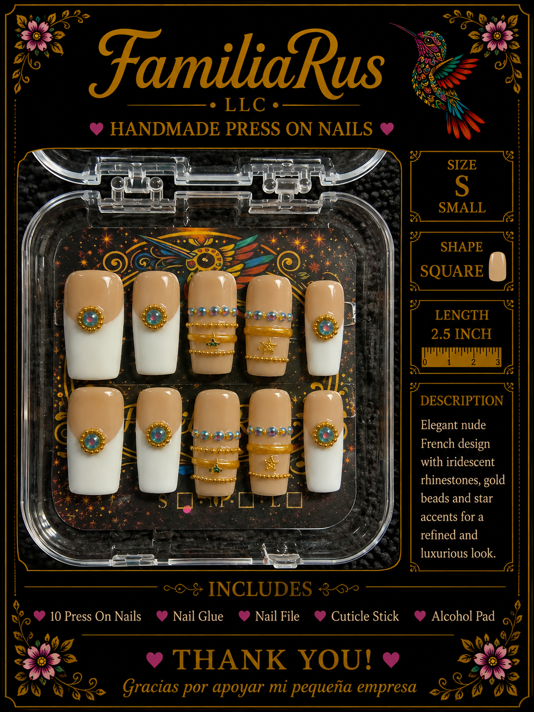 FamiliaRus Nude French Star Press-On Nail Set with iridescent rhinestones and gold star accents