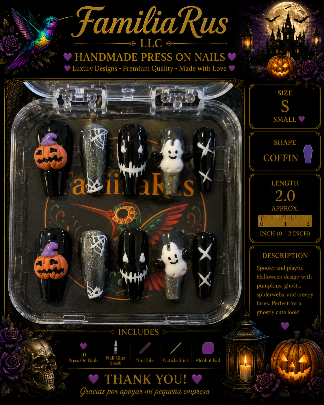FamiliaRus Halloween Black Coffin 3D Pumpkin Ghost Spider Web Small Press-On Nail Set