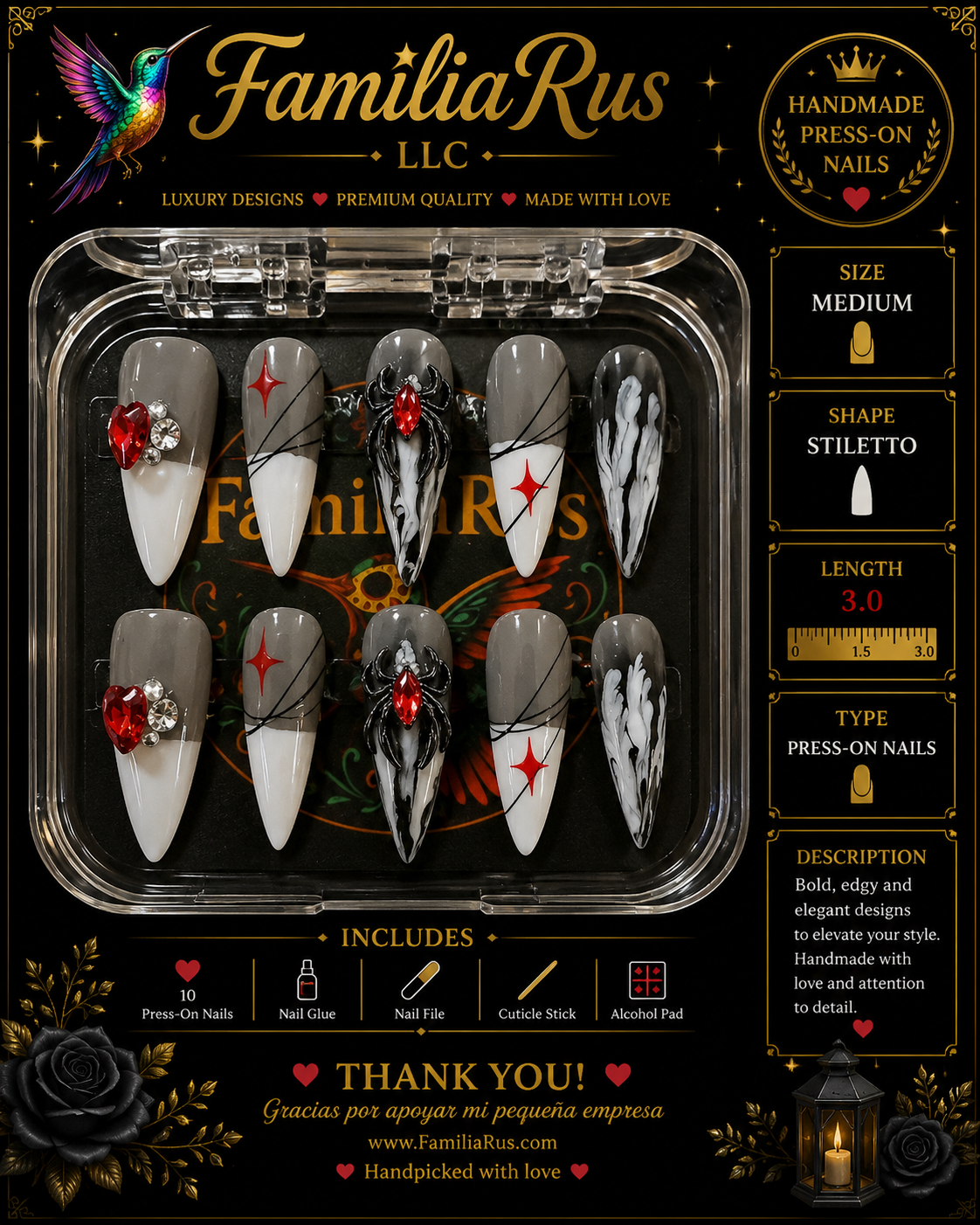 FamiliaRus Halloween Spider Web Gray Marble Stiletto Press-On Nail Set