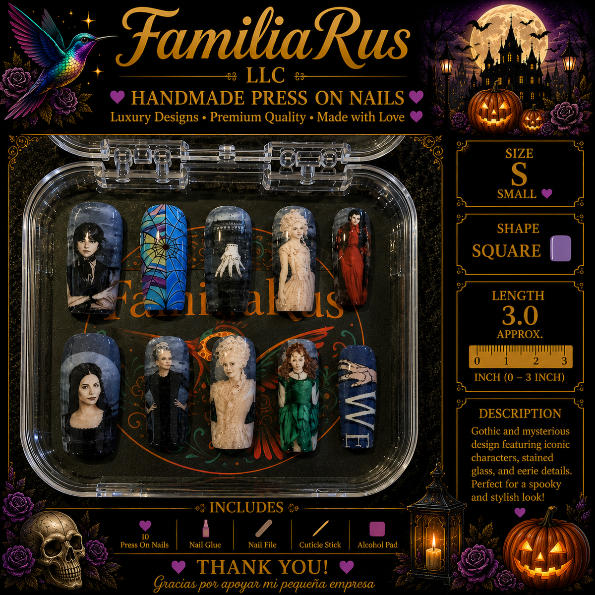 FamiliaRus Gothic Character Art Wednesday Addams Vampire Small Square Press-On Nail Set
