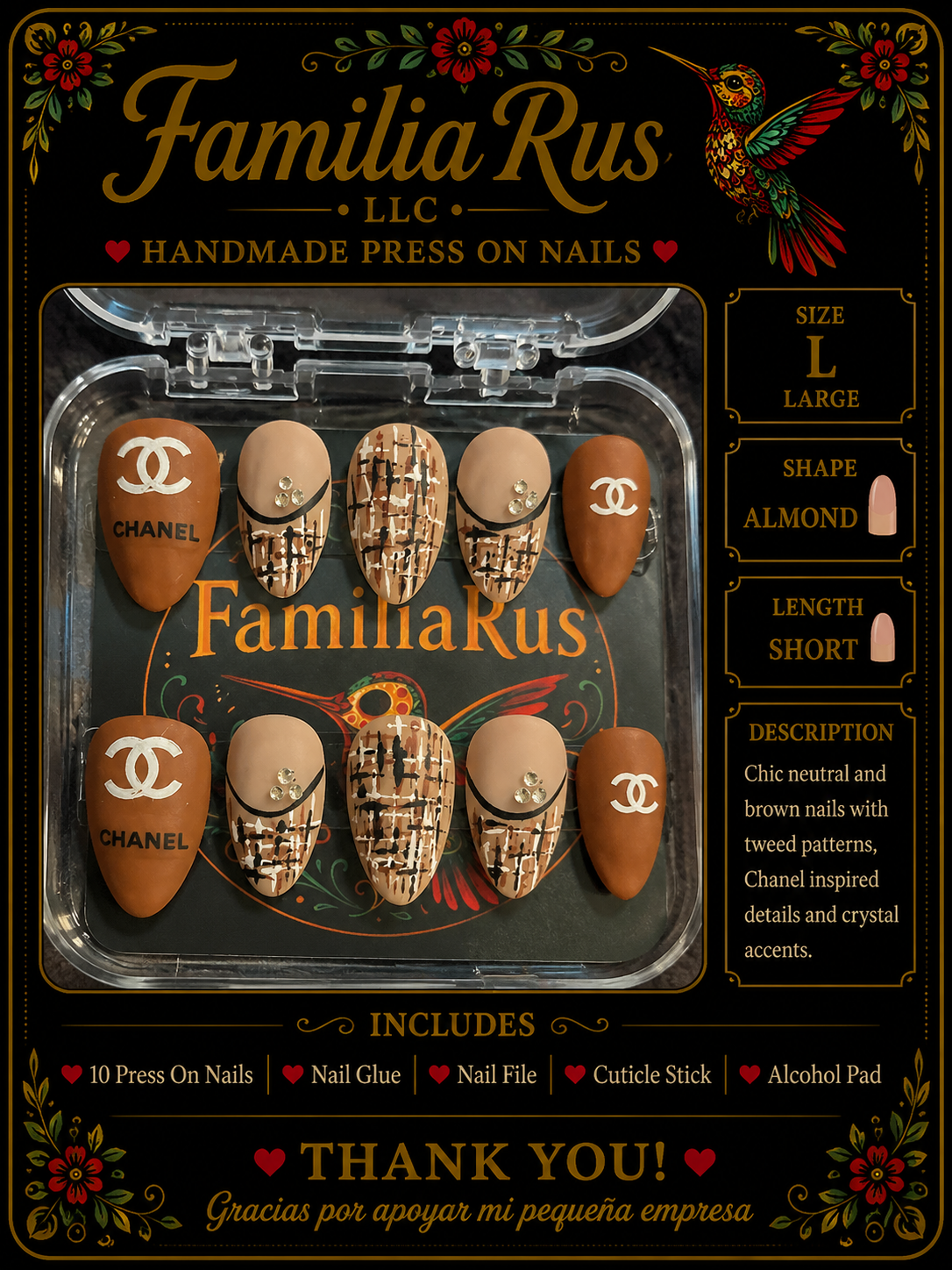 FamiliaRus Cafe Couture Tweed Press-On Nail Set with designer-inspired patterns and crystal accents