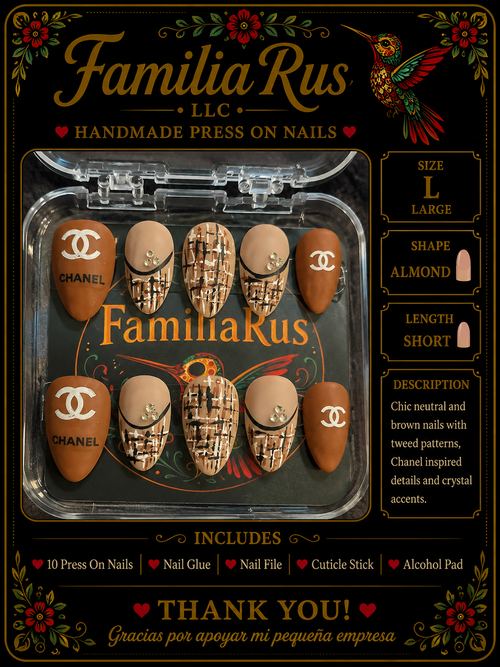 FamiliaRus Cafe Couture Tweed Press-On Nail Set with designer-inspired patterns and crystal accents
