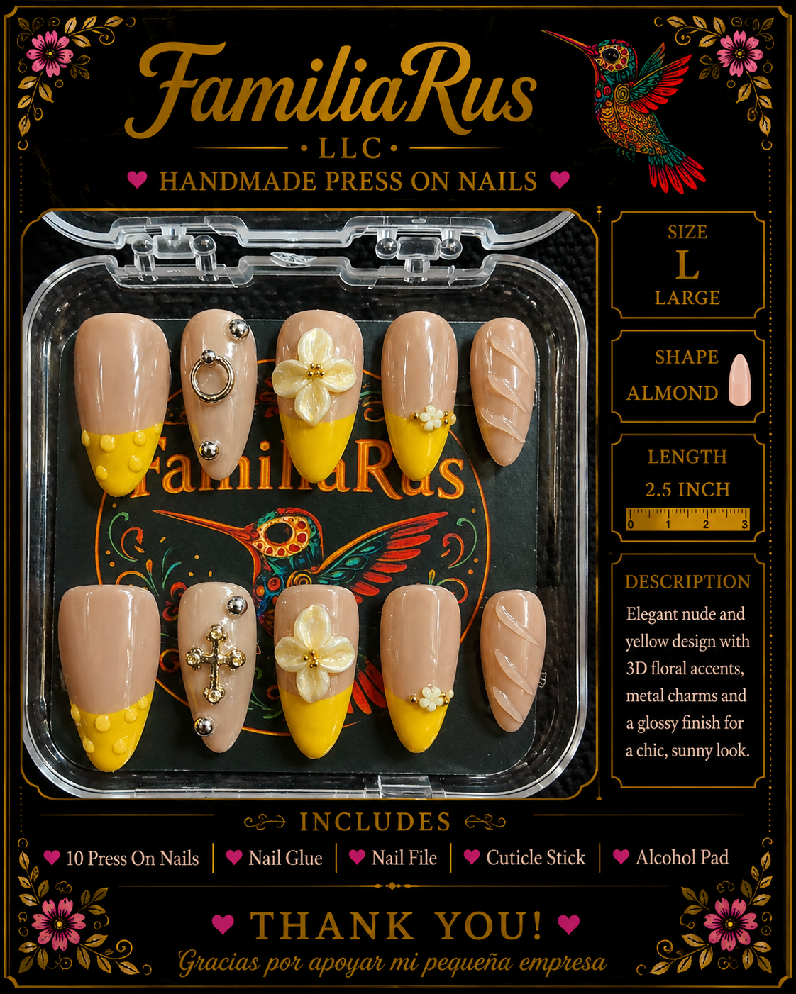 FamiliaRus Sunshine Luxe Press-On Nail Set - Nude and Yellow with 3D floral accents and gold cross charm
