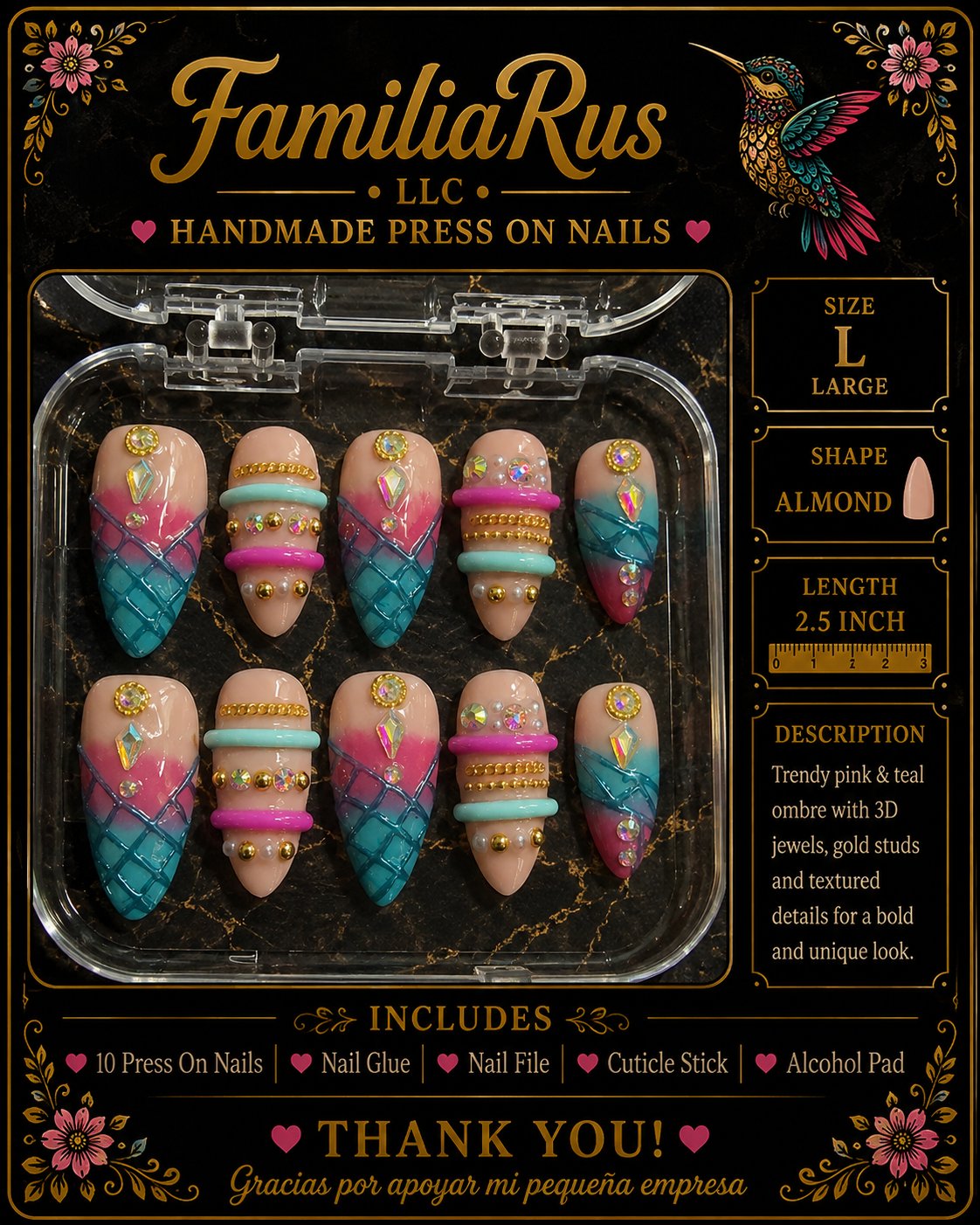 FamiliaRus Pink and Teal Jewel Ombre Press-On Nail Set with 3D crystals and gold bead chains