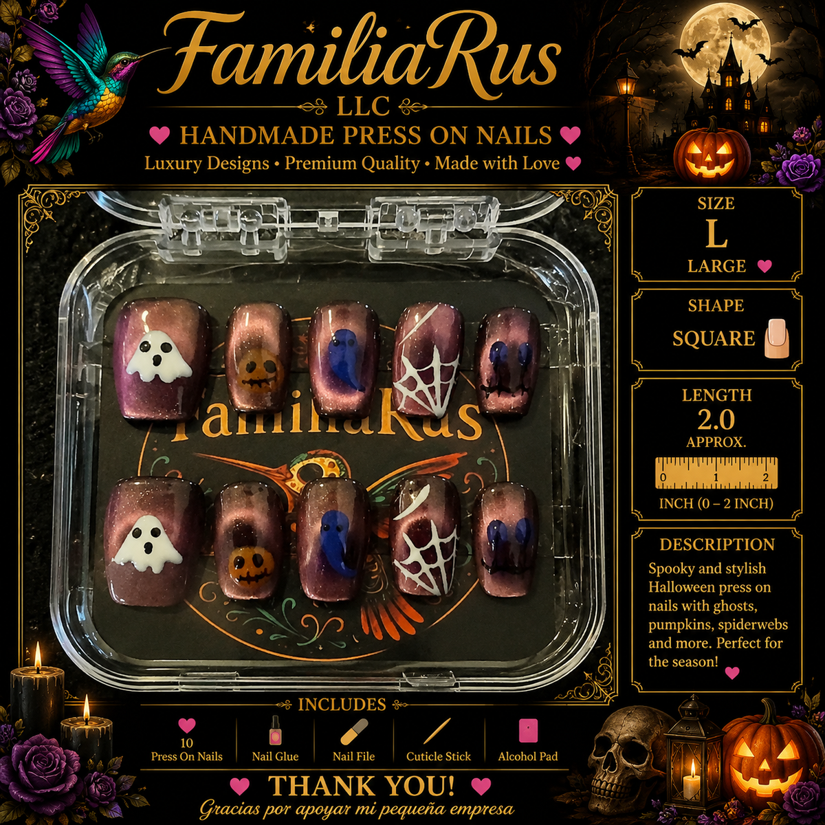 FamiliaRus Halloween Mauve Glitter Ghost Pumpkin Raven Large Square Press-On Nail Set