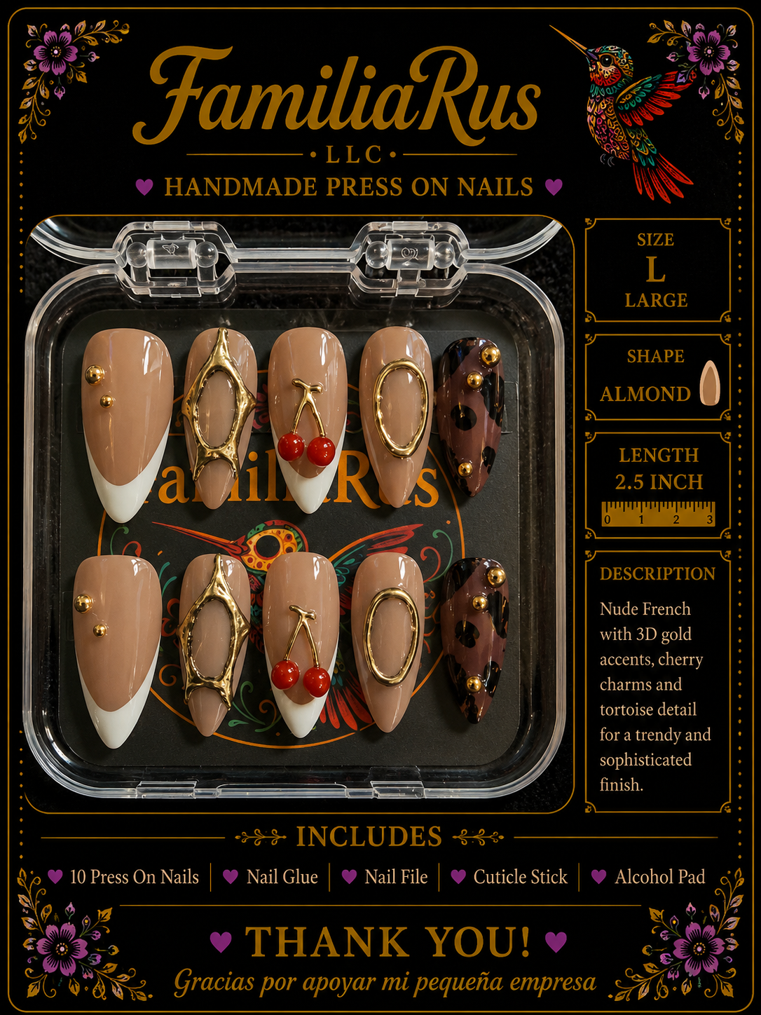 FamiliaRus Nude Cherry Gold Press-On Nail Set with 3D gold wire accents and cherry charms