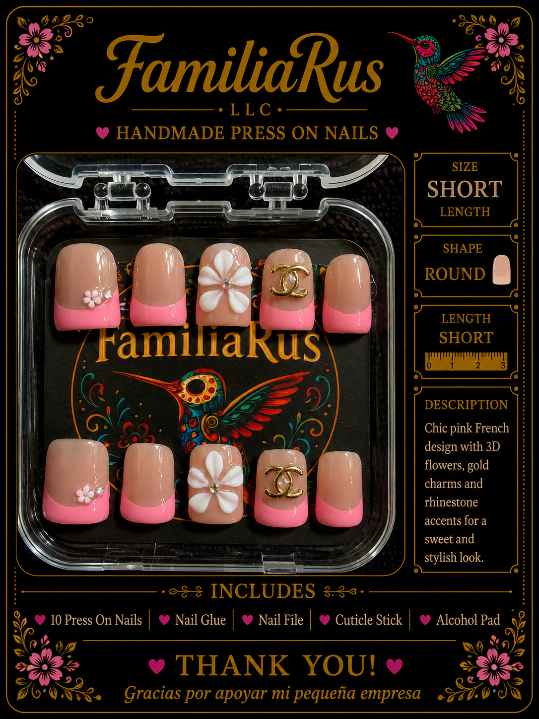FamiliaRus Pink French Floral Press-On Nail Set with 3D white flowers and gold designer charms