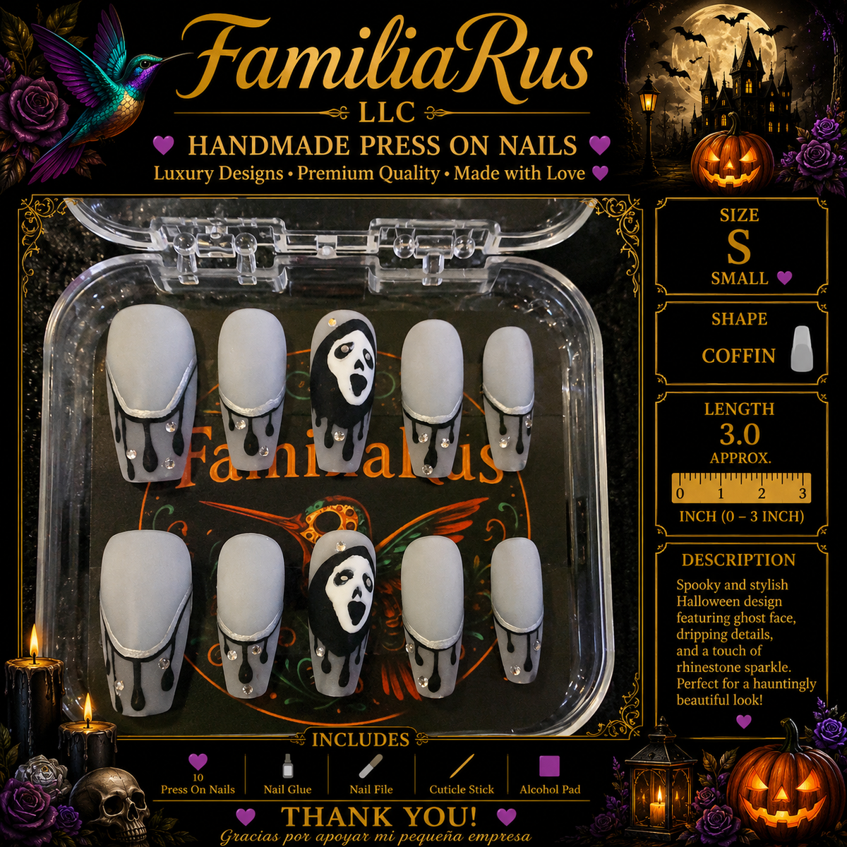 FamiliaRus Halloween Scream Ghost Face Matte White Rhinestone Small Coffin Press-On Nail Set