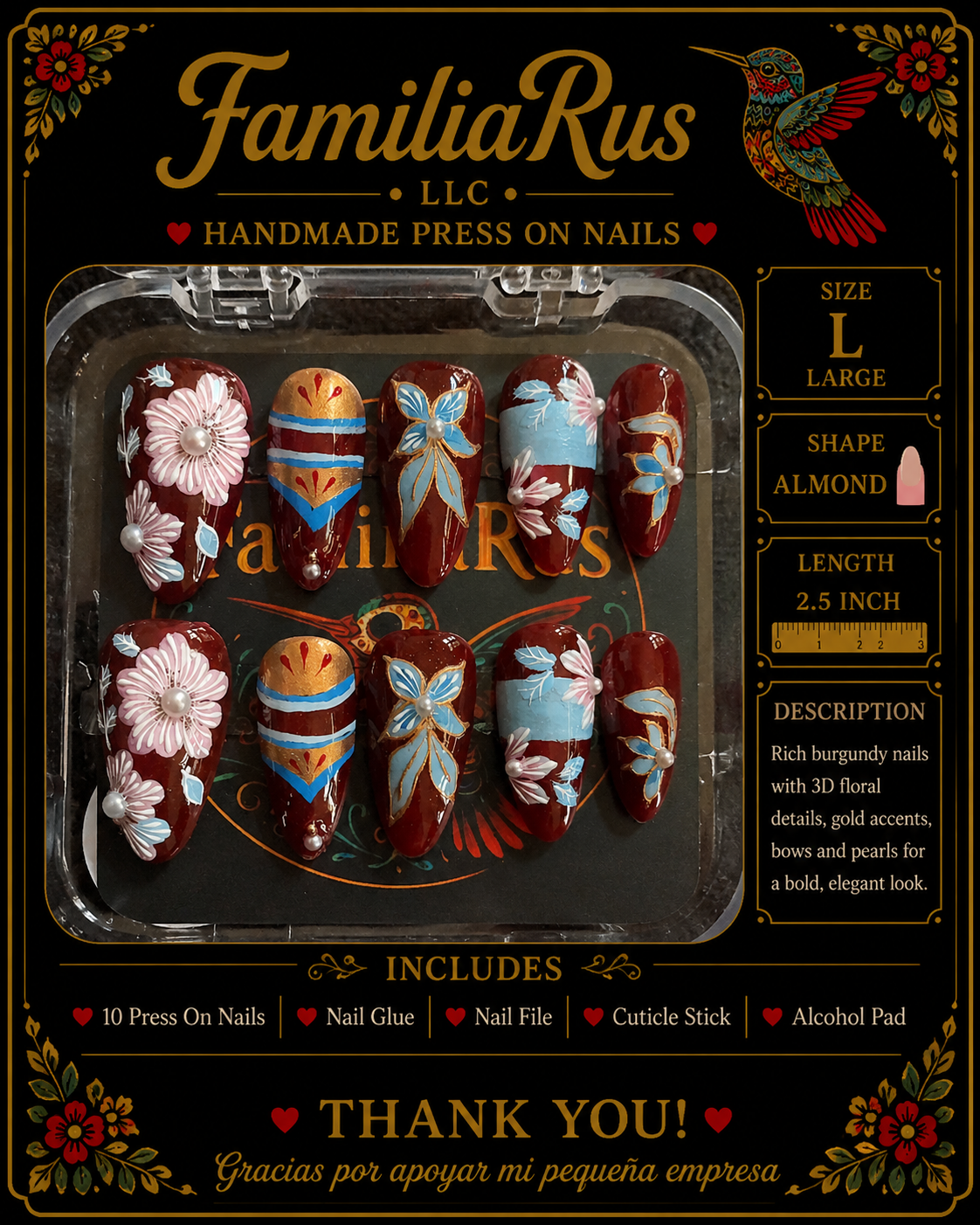 FamiliaRus Burgundy Floral Elegance Press-On Nail Set with 3D flowers, gold accents and pearl details