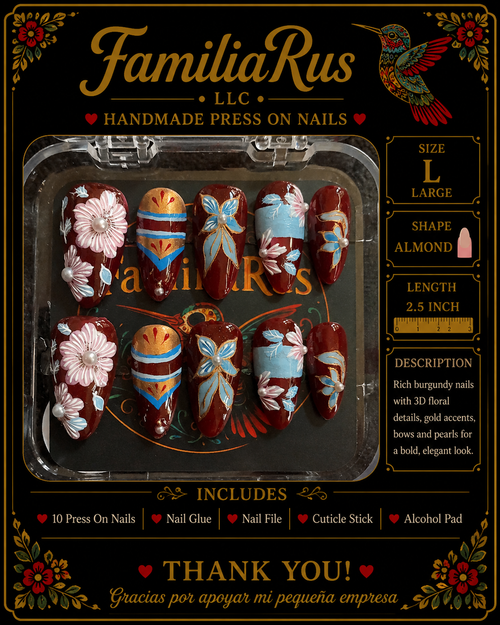 FamiliaRus Burgundy Floral Elegance Press-On Nail Set with 3D flowers, gold accents and pearl details