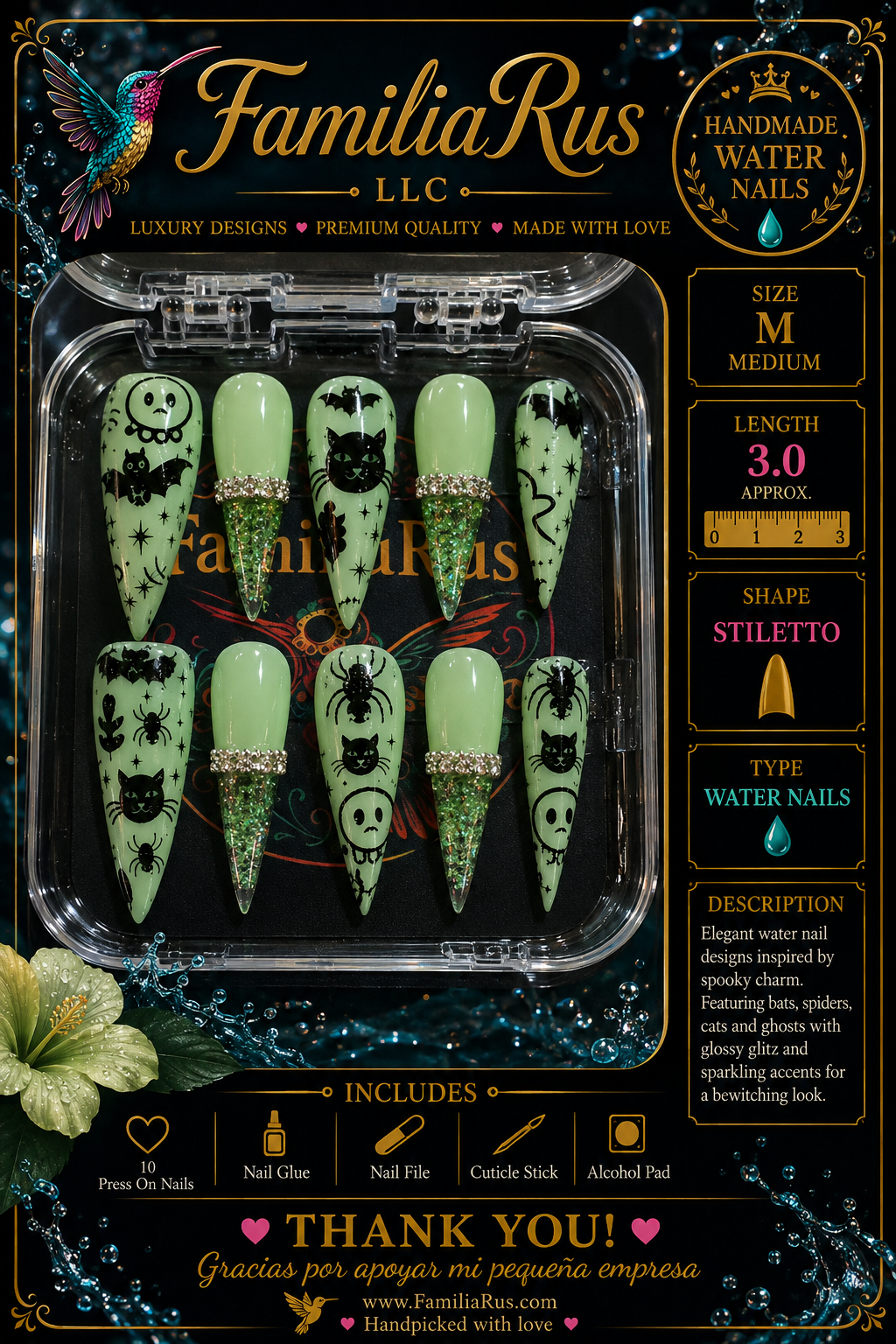 Halloween Water Nails - Spooky Charm Medium Stiletto