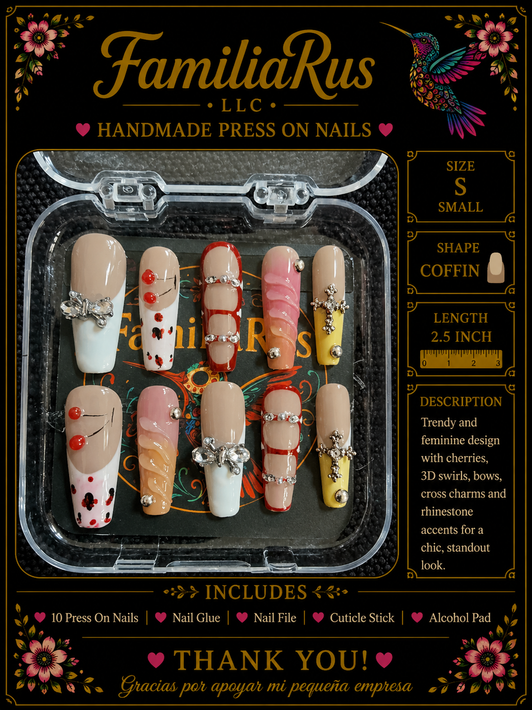 FamiliaRus Cherry Blossom Mix Press-On Nail Set with cherries, bows and cross charms