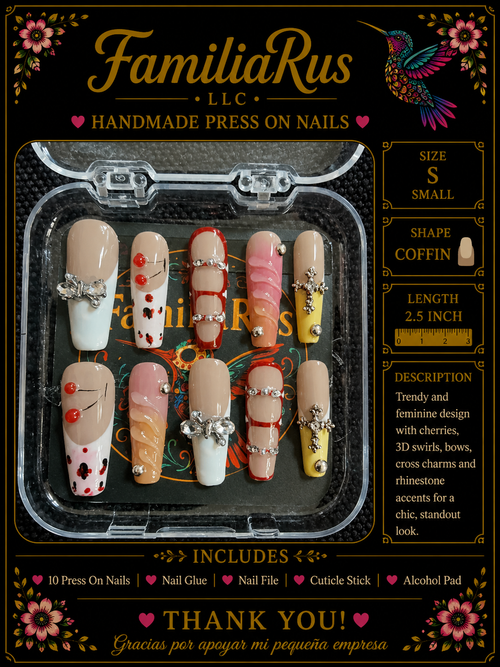 FamiliaRus Cherry Blossom Mix Press-On Nail Set with cherries, bows and cross charms