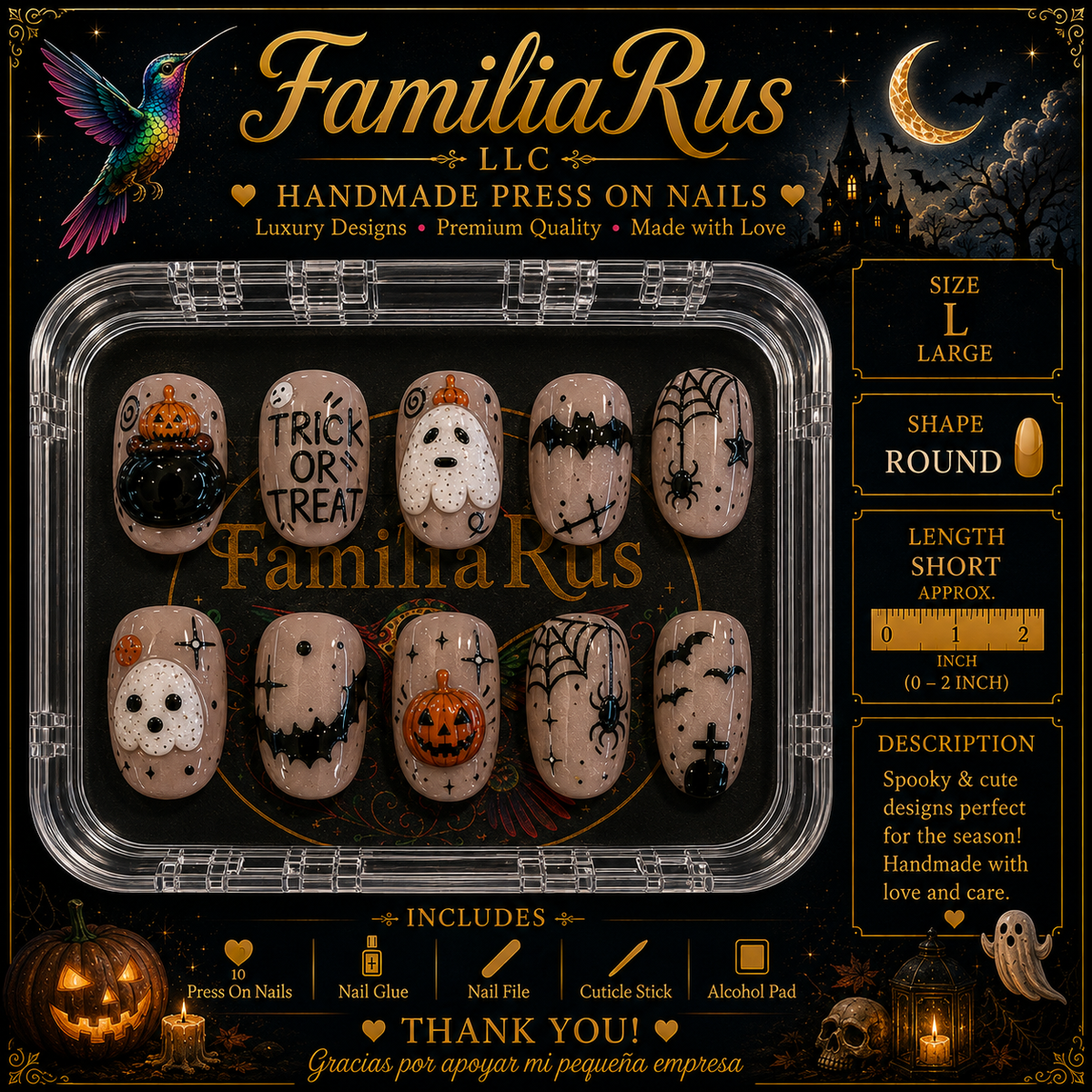 FamiliaRus Halloween Trick or Treat Ghost Pumpkin Large Round Short Press-On Nail Set