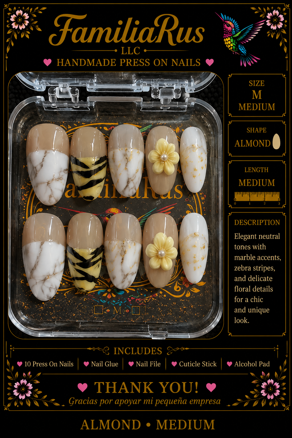 FamiliaRus Neutral Marble Zebra Floral Press-On Nail Set with white marble, zebra stripe and 3D yellow flower