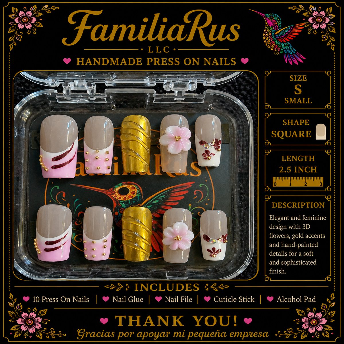FamiliaRus Pink Gold Floral Luxe Press-On Nail Set with 3D flowers, gold swirl accent nail and rhinestone charms