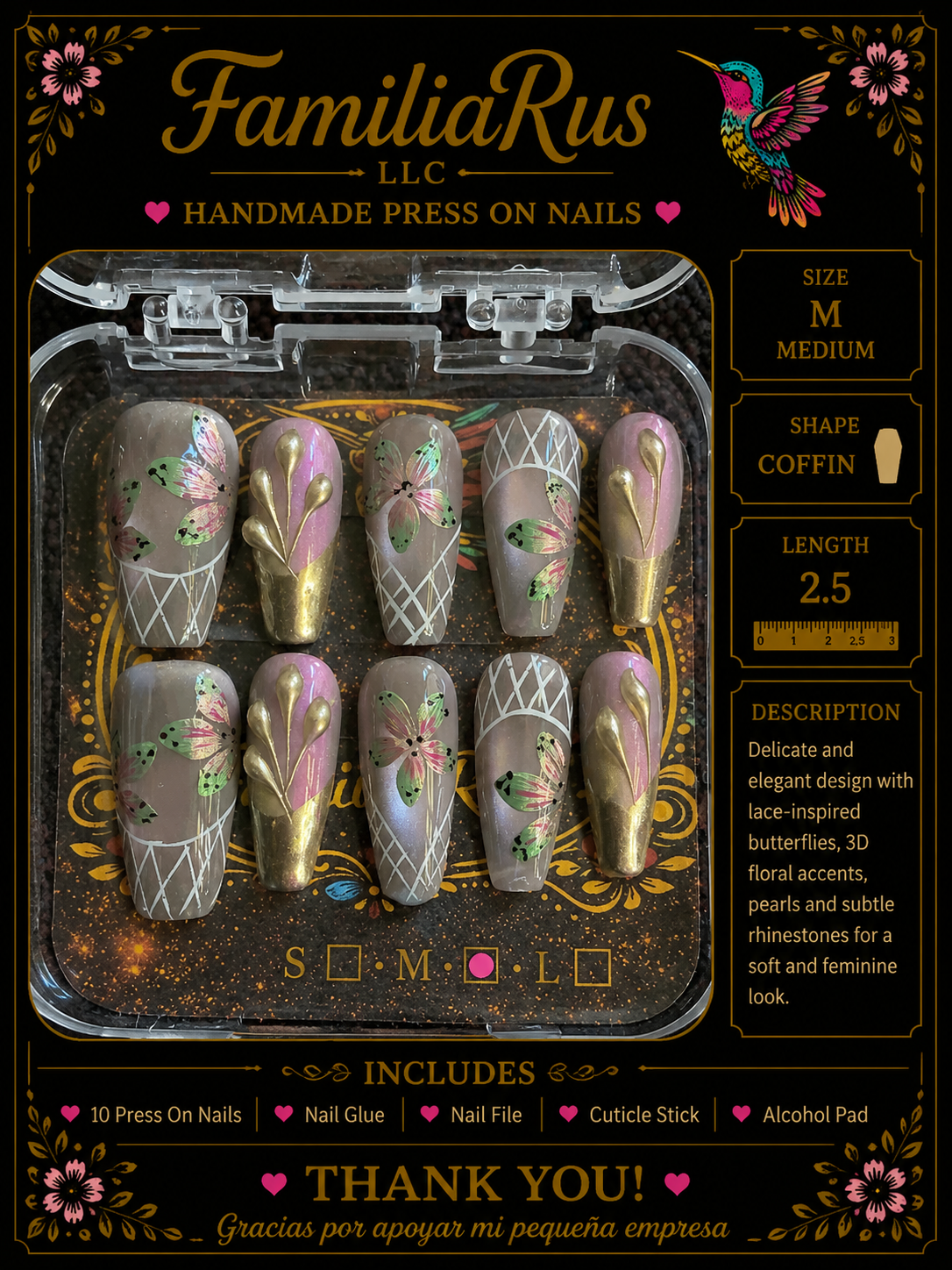 FamiliaRus Gold Lace Butterfly Floral Press-On Nail Set with lace-inspired butterflies and 3D floral accents