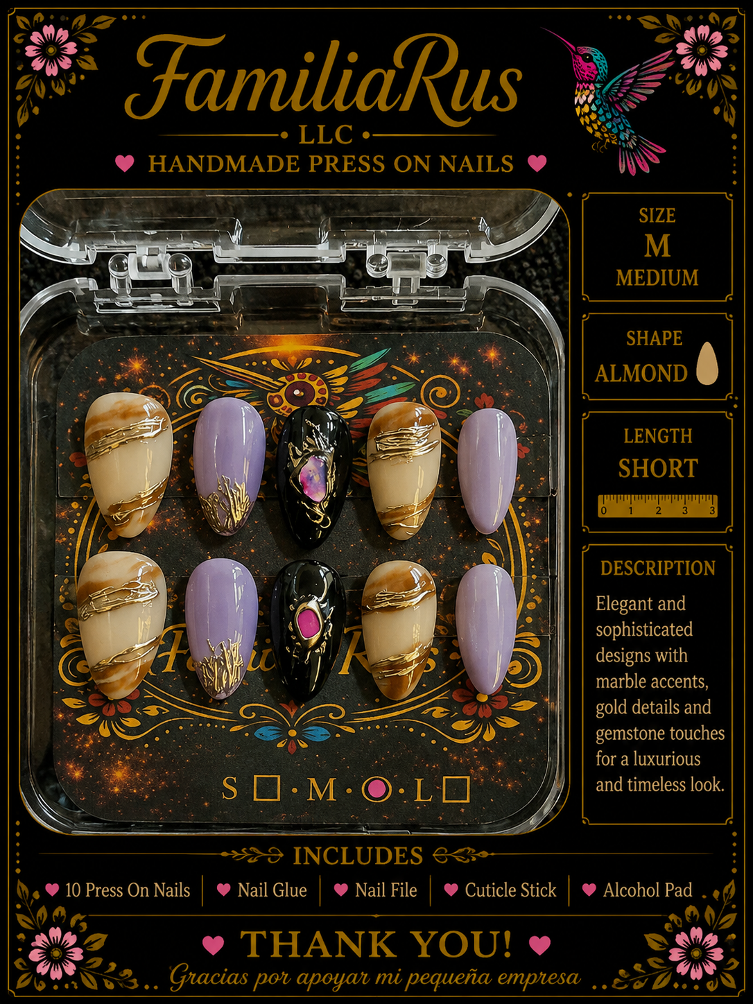 FamiliaRus Lavender Marble Gemstone Press-On Nail Set with gold wire details and gemstone accents