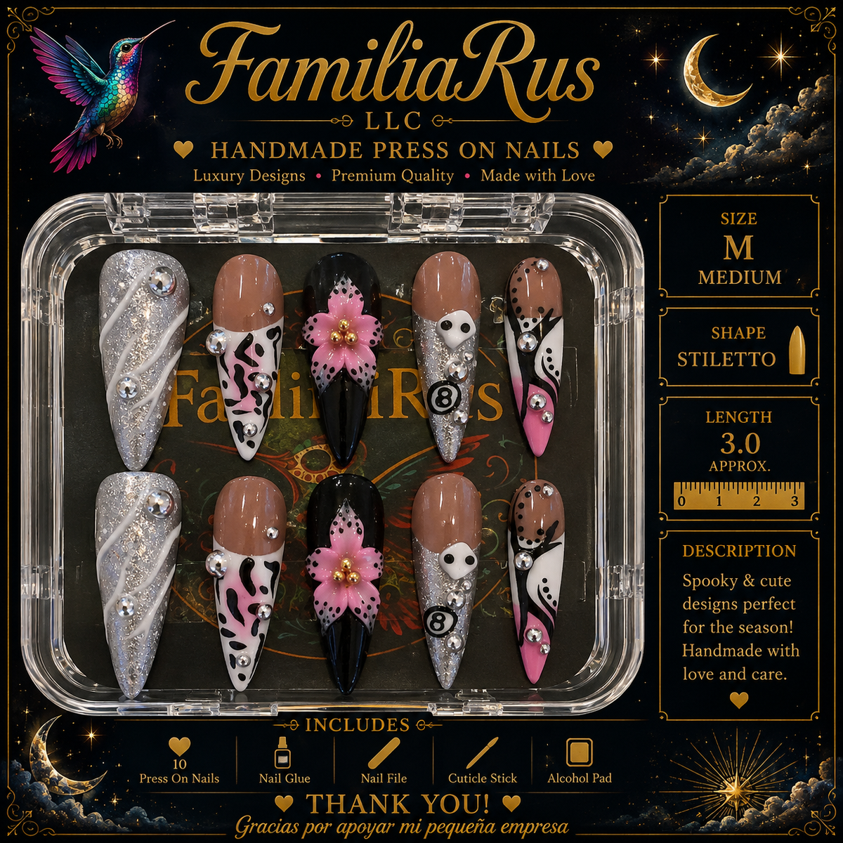 FamiliaRus Halloween Spooky Cute Glitter Cow Print Ghost Stiletto Press-On Nail Set