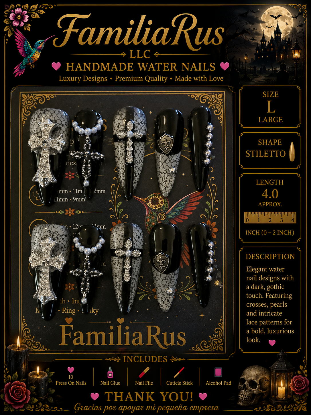 FamiliaRus Gothic Cross Pearl Lace Water Nails Large Stiletto