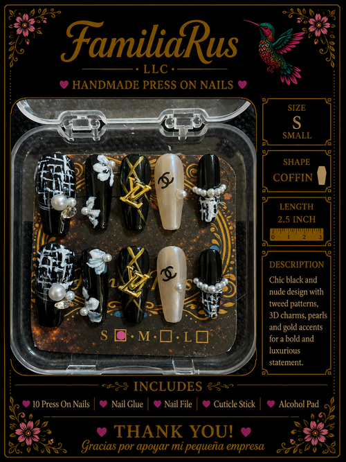 FamiliaRus Black and Nude Luxe Tweed Press-On Nail Set with designer charms and pearl accents
