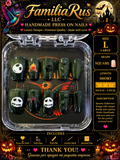 FamiliaRus Halloween Dark Green Glitter Ghost Spider Large Square Short Press-On Nail Set