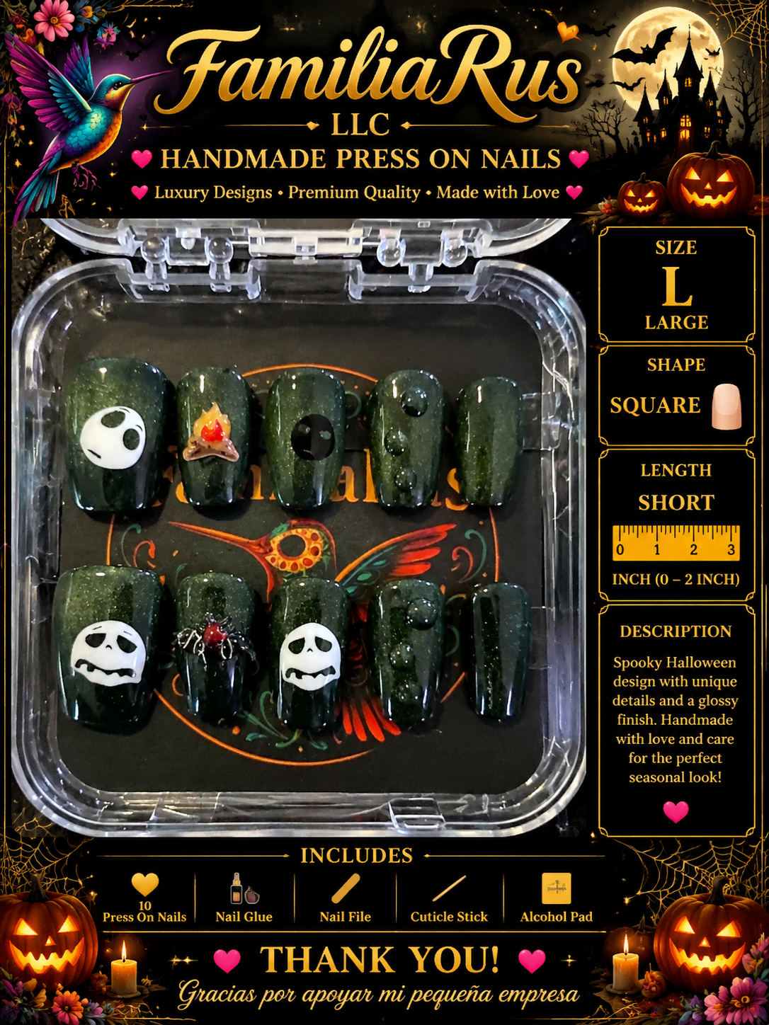 FamiliaRus Halloween Dark Green Glitter Ghost Spider Large Square Short Press-On Nail Set