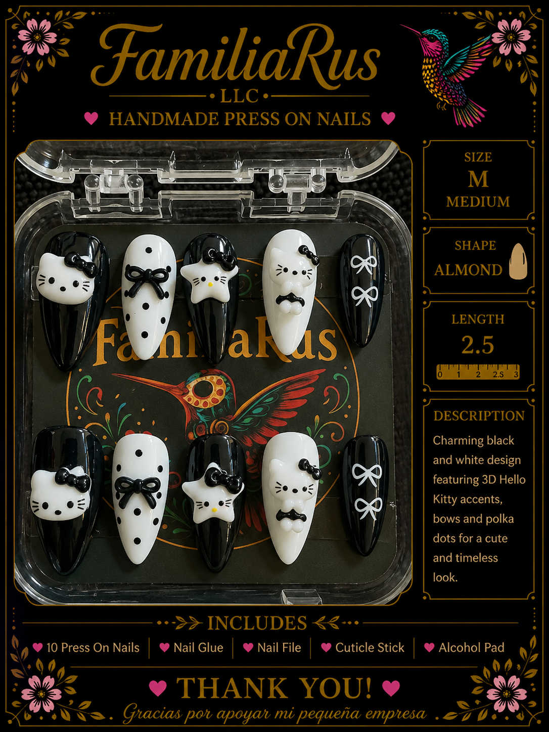 FamiliaRus Kitty Noir and Bows Press-On Nail Set with 3D Hello Kitty accents and satin bows