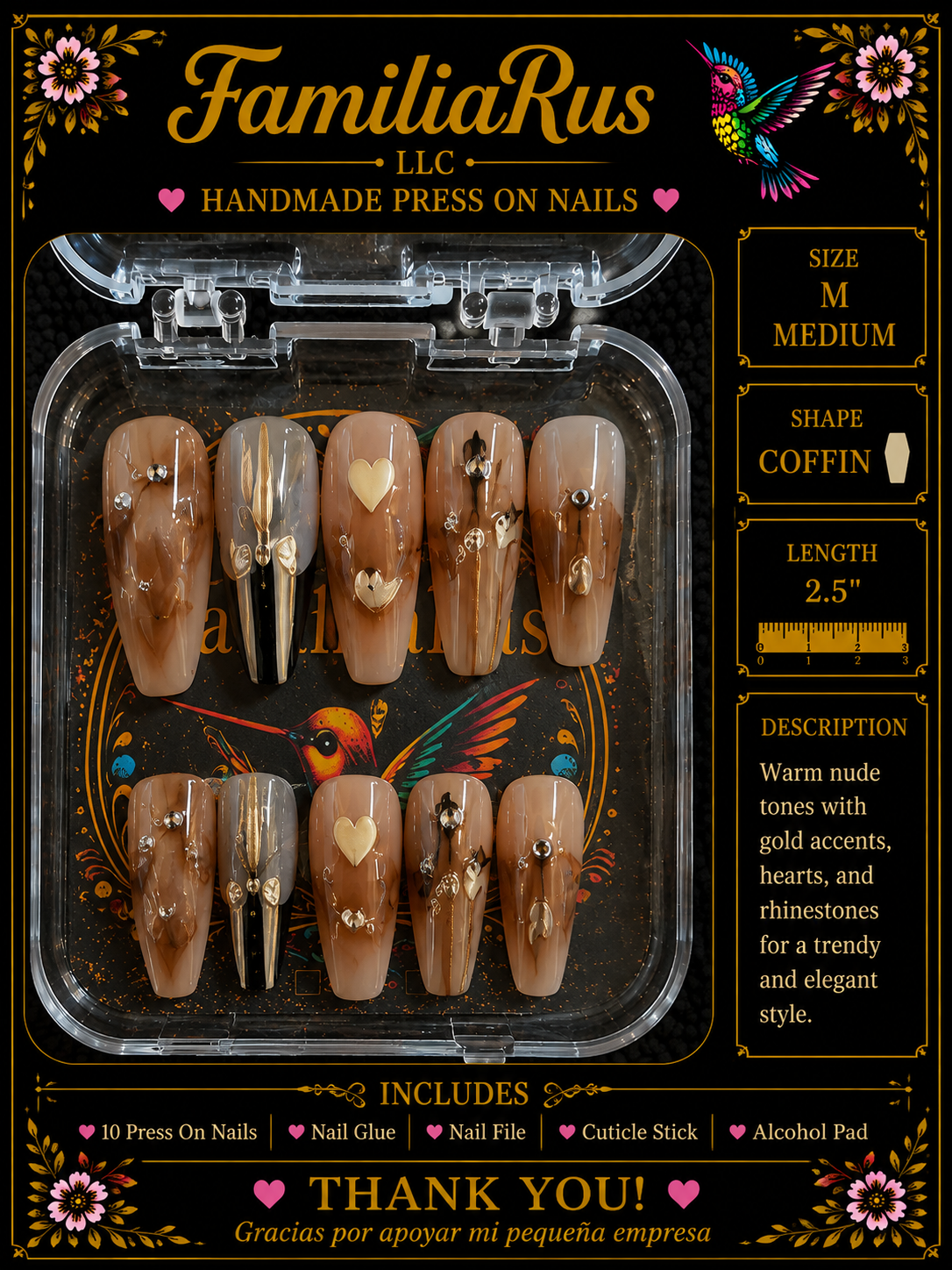 FamiliaRus Nude Mocha Heart and Gold Press-On Nail Set with gold heart charms and rhinestone accents