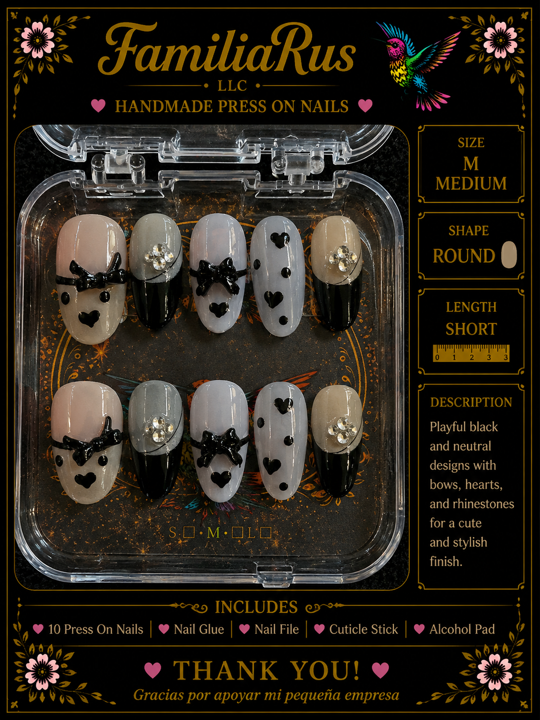 FamiliaRus Black and Neutral Bow Hearts Press-On Nail Set with 3D bows, heart cutouts and rhinestones