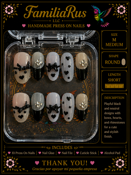 FamiliaRus Black and Neutral Bow Hearts Press-On Nail Set with 3D bows, heart cutouts and rhinestones