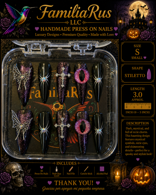 FamiliaRus Dark Mystical Butterfly Cross Cat-Eye Glitter Stiletto Small Press-On Nail Set