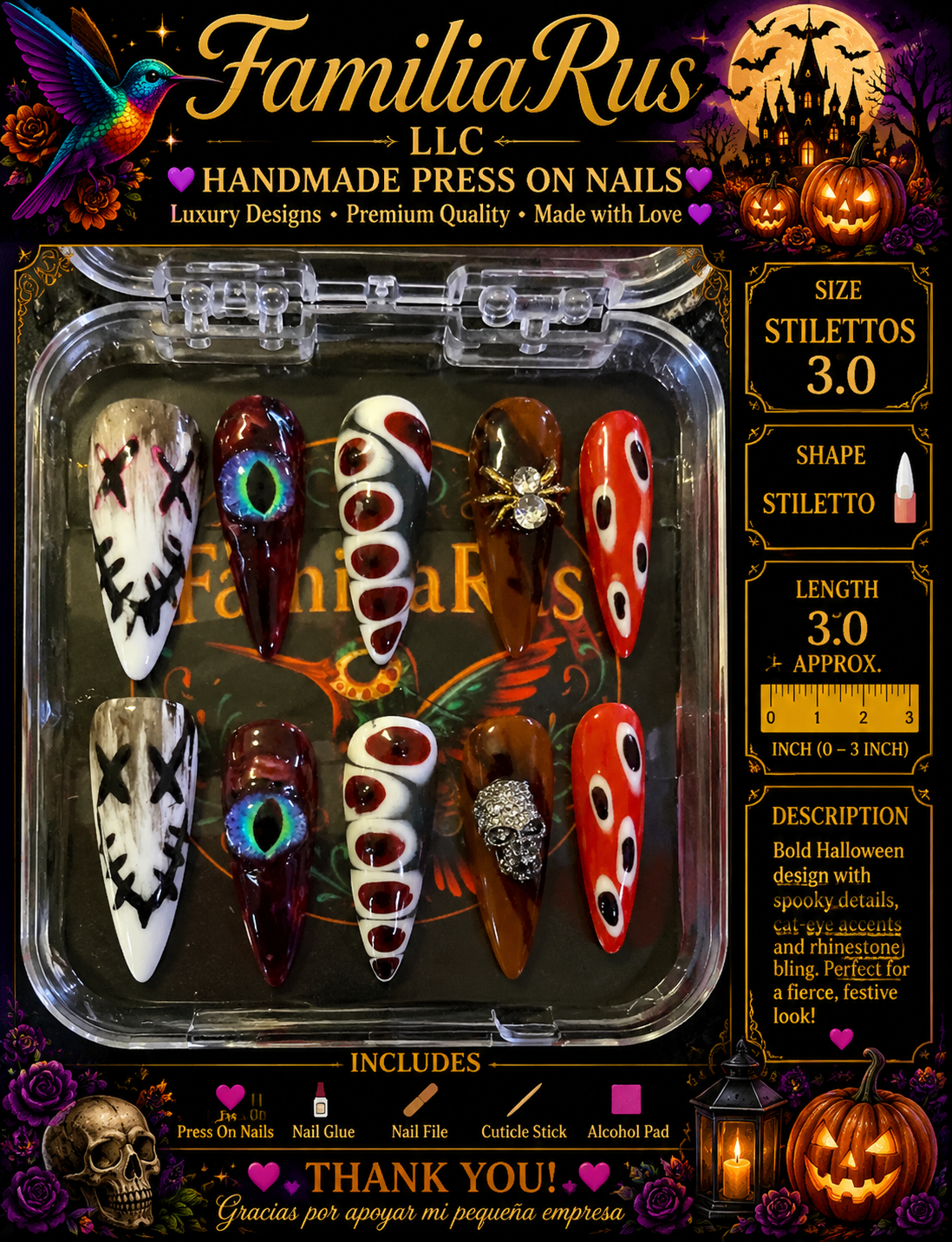 FamiliaRus Halloween Stitched Eye Cat-Eye Skull Rhinestone Stiletto Press-On Nail Set