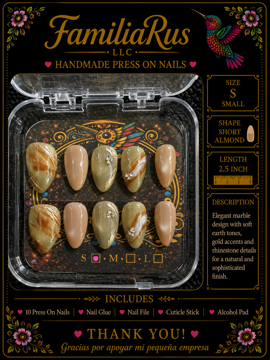 FamiliaRus Earth Marble Gold Press-On Nail Set with warm earth tones and gold swirl accents
