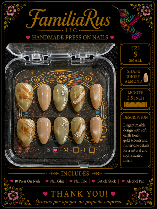 FamiliaRus Earth Marble Gold Press-On Nail Set with warm earth tones and gold swirl accents