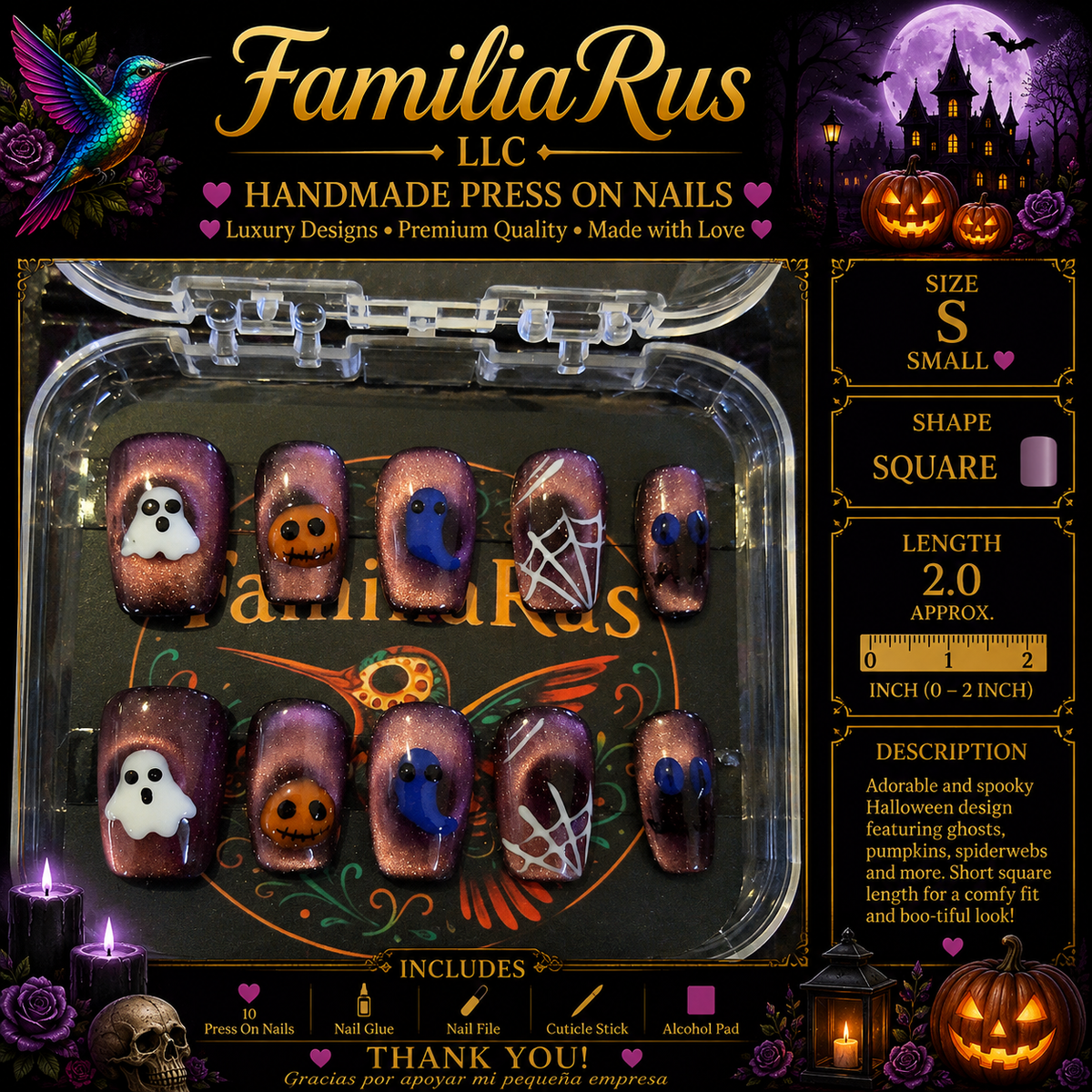 FamiliaRus Halloween Purple Shimmer Ghost Pumpkin Spider Small Square Press-On Nail Set