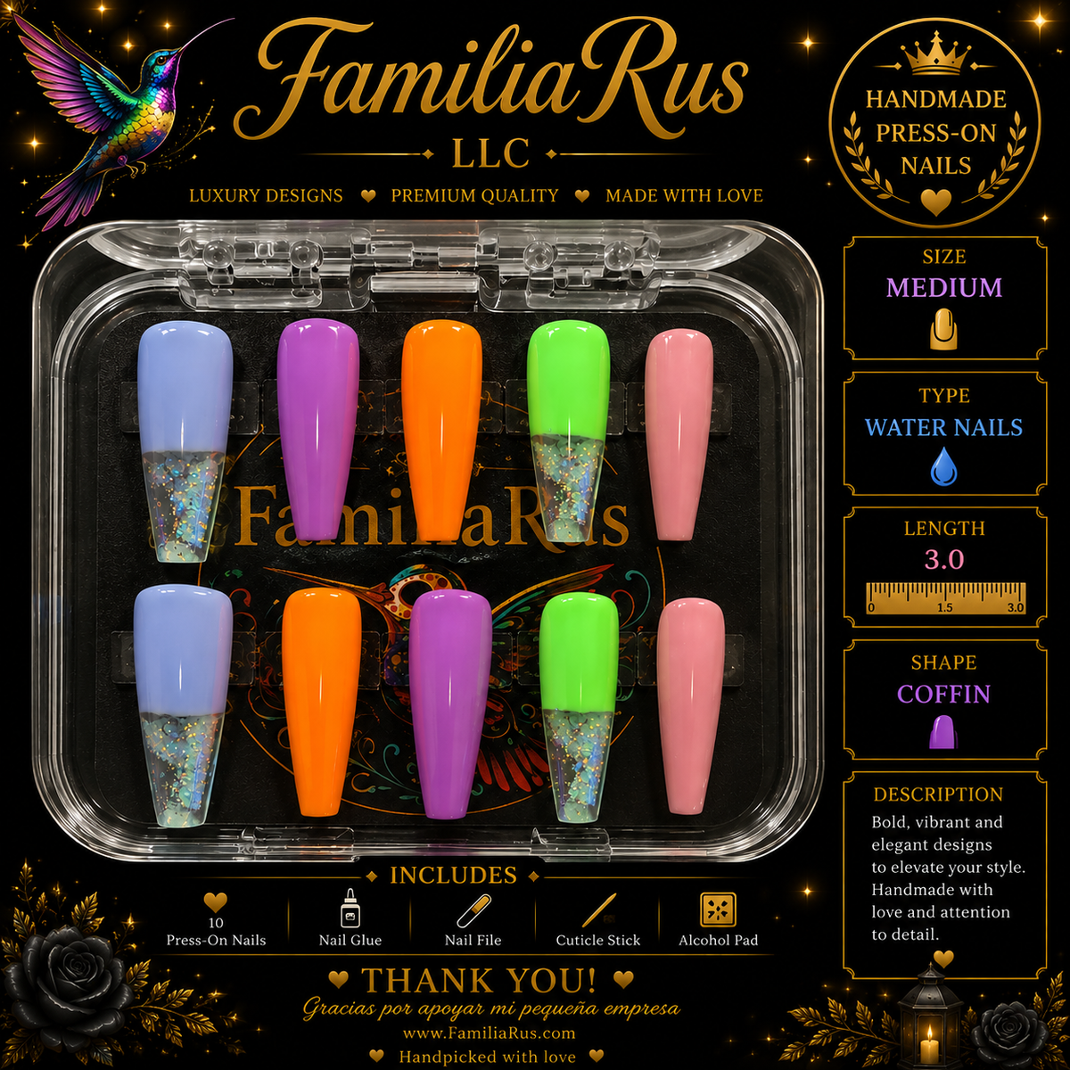 FamiliaRus Neon Rainbow Water Nails Medium Coffin