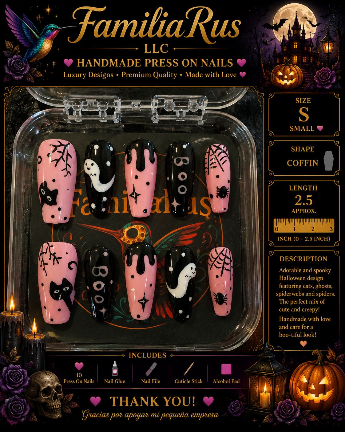 FamiliaRus Halloween Pink Black BOO Ghost Cat Spider Small Coffin Press-On Nail Set