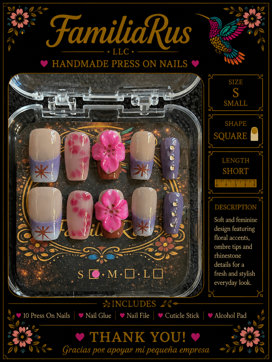 FamiliaRus Lavender Floral Ombre Press-On Nail Set with 3D pink flowers and rhinestone details