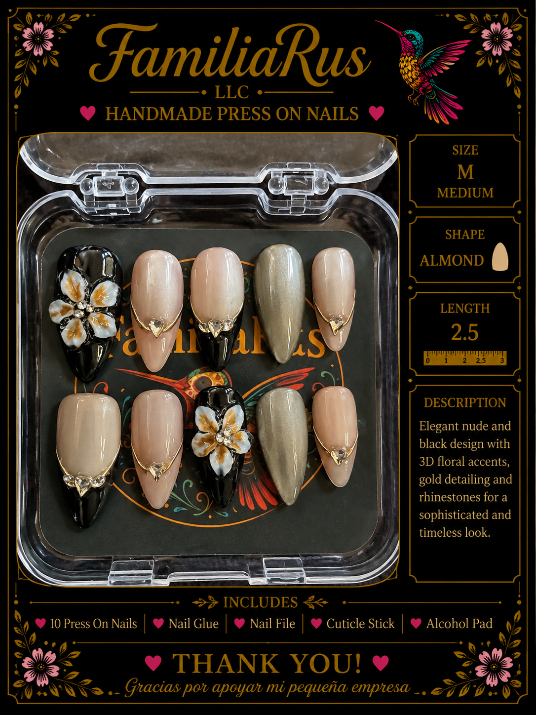 FamiliaRus Nude Black Floral Gold Press-On Nail Set with 3D white flowers and gold heart charms