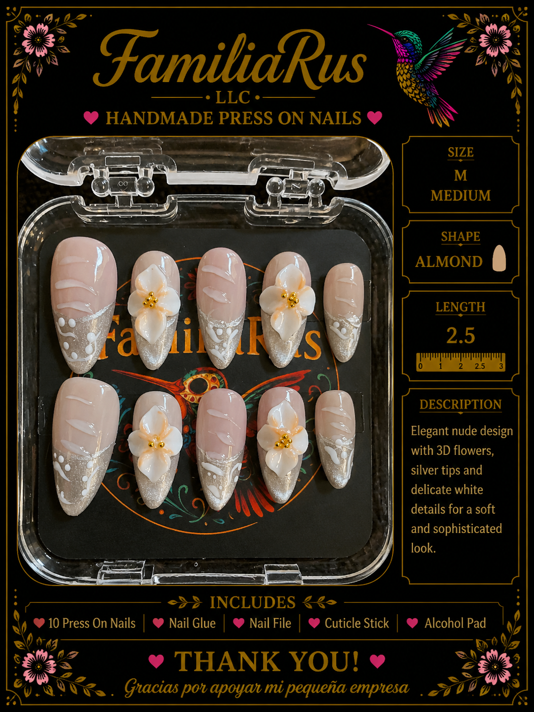 FamiliaRus Nude Silver Floral 3D Press-On Nail Set with 3D white flowers and silver glitter tips
