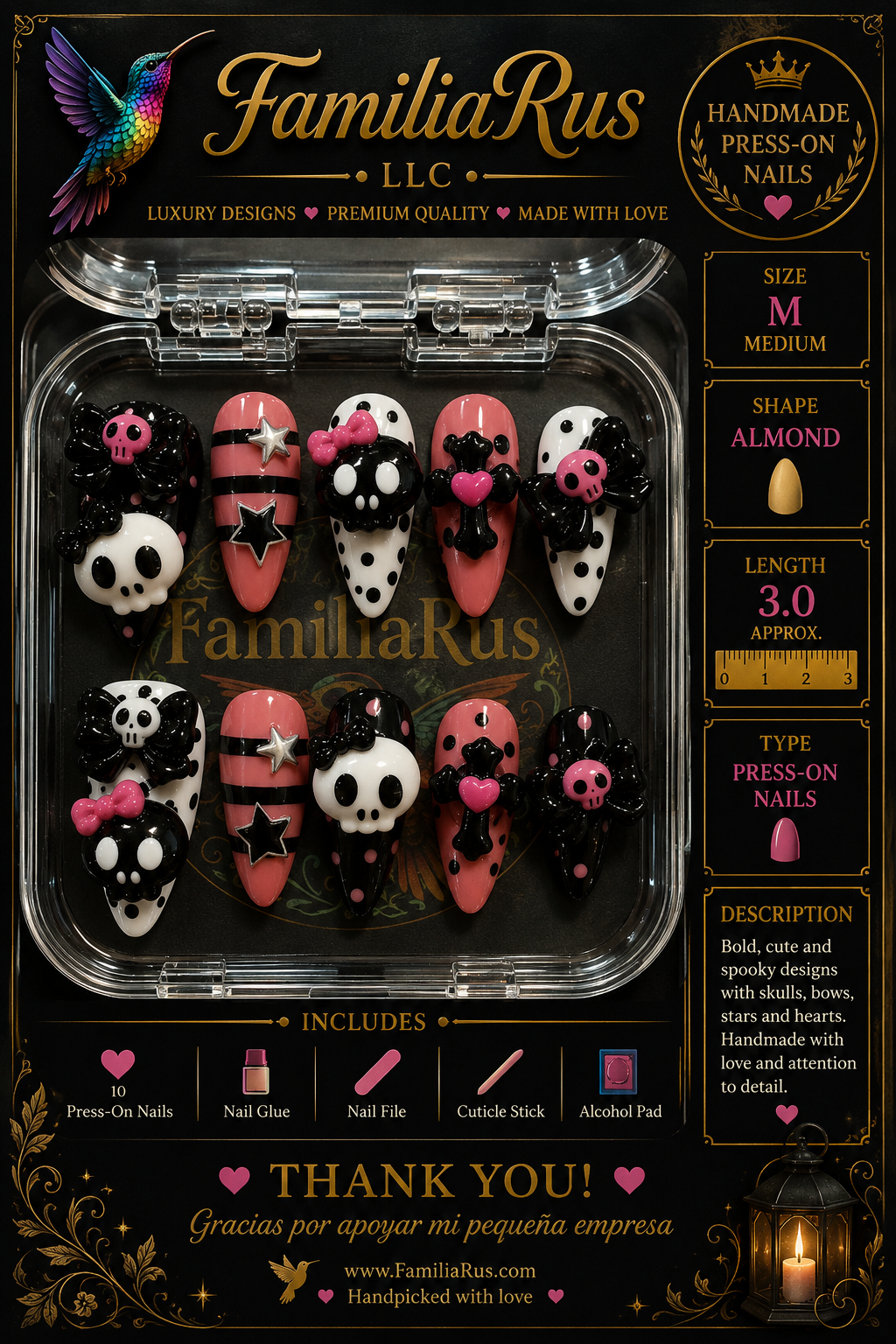 FamiliaRus Halloween Spooky Cute Skull & Bow Medium Almond Press-On Nail Set