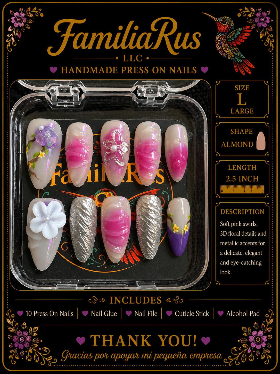 FamiliaRus Pink Swirl Metallic Floral Press-On Nail Set with 3D flowers and silver accents