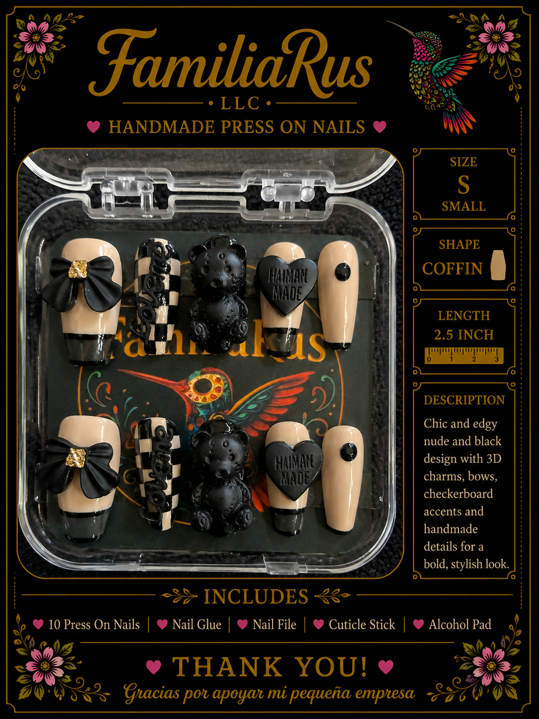 FamiliaRus Black and Nude Checkerboard Press-On Nail Set with 3D bows, checkerboard pattern and bear charm