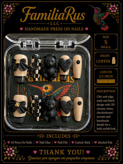 FamiliaRus Black and Nude Checkerboard Press-On Nail Set with 3D bows, checkerboard pattern and bear charm