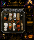 FamiliaRus Halloween Gold Glitter Pumpkin Mummy Spider Skull Coffin Small Press-On Nail Set