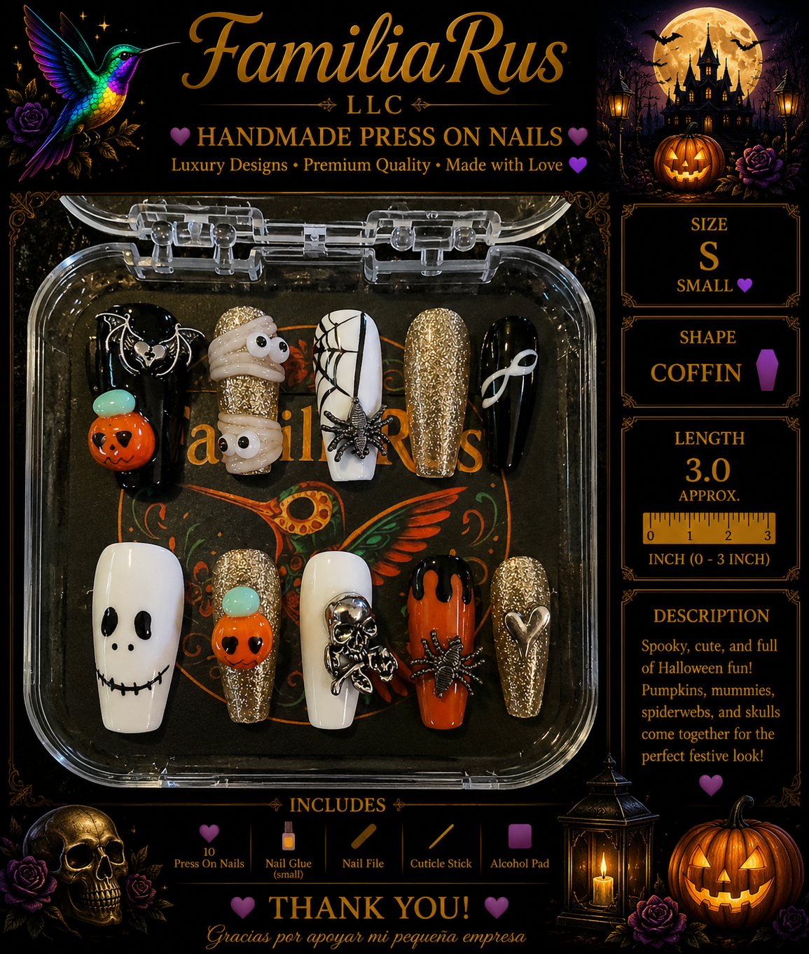 FamiliaRus Halloween Gold Glitter Pumpkin Mummy Spider Skull Coffin Small Press-On Nail Set