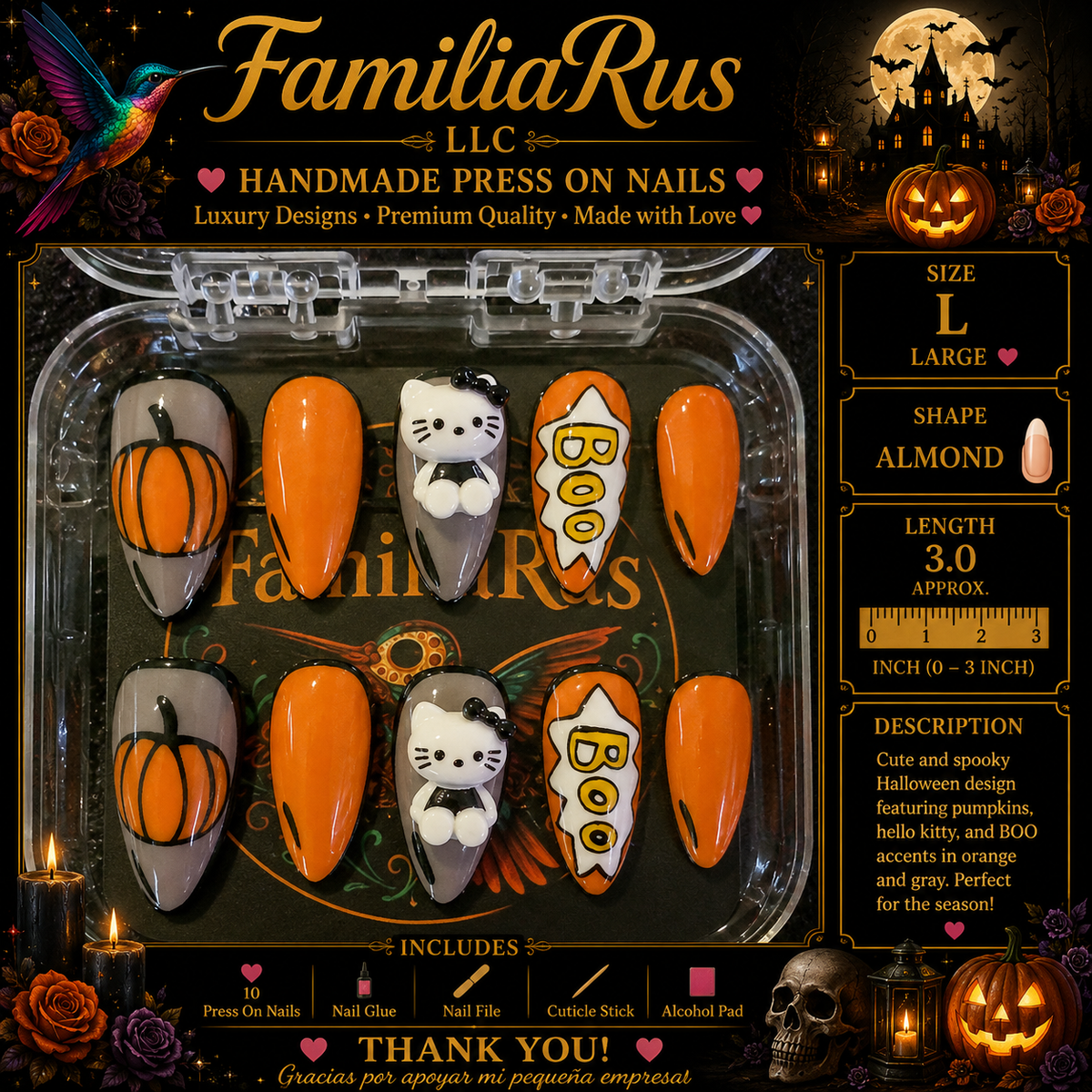 FamiliaRus Halloween Hello Kitty Pumpkin BOO Orange Gray Large Almond Press-On Nail Set
