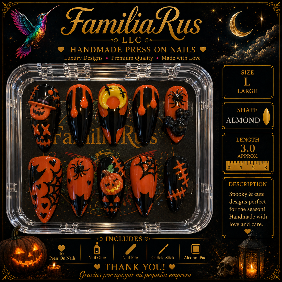 FamiliaRus Halloween Pumpkin Spider Orange Black Large Almond Press-On Nail Set